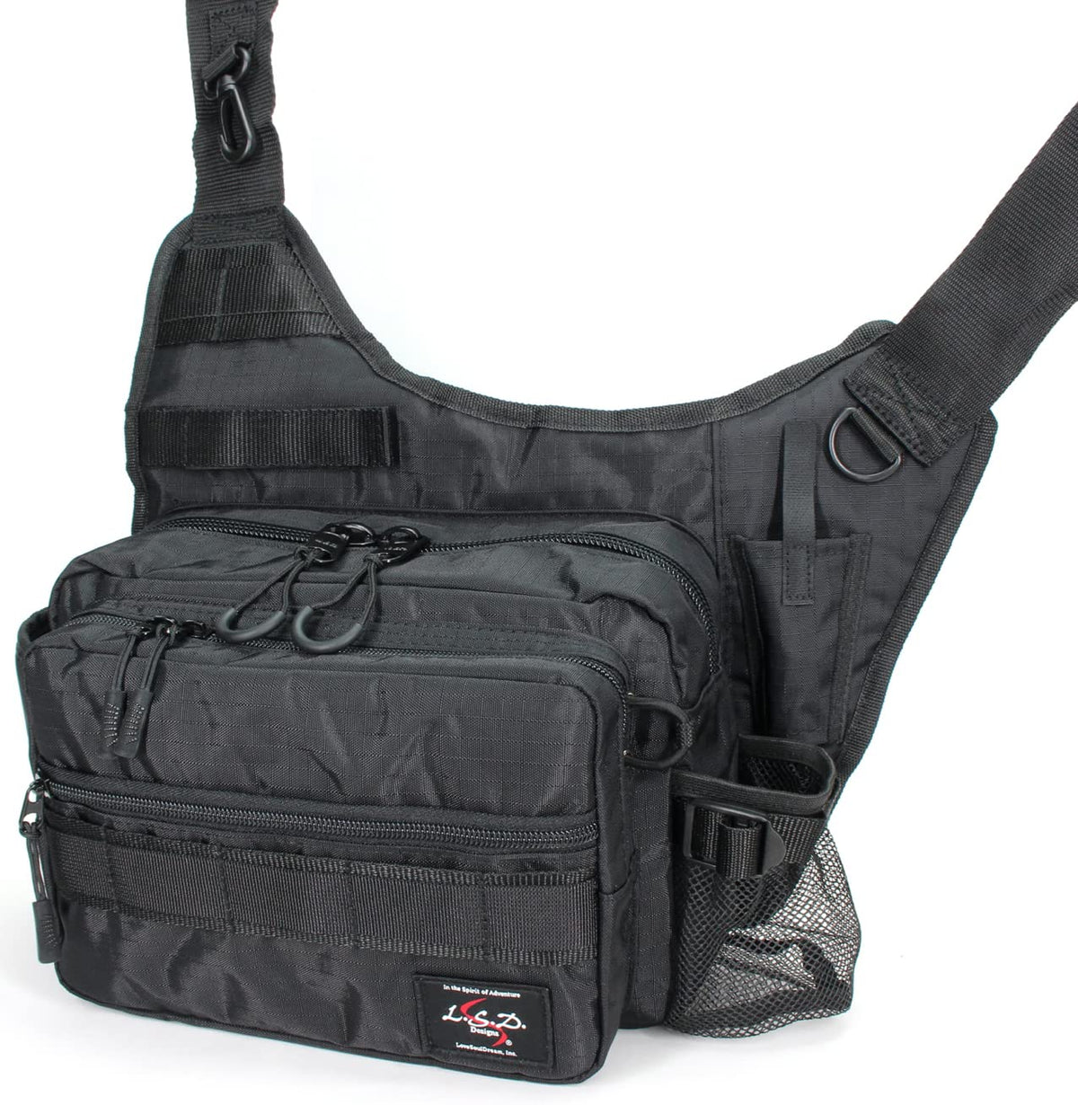 Love Soul Dream One Shot Side Jr. Neo Black bag back view shows large capacity for gear.