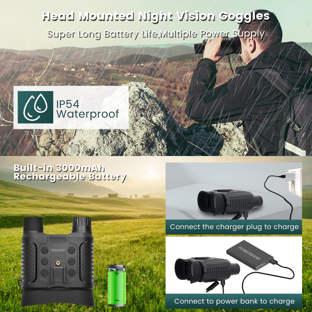 Lovpo night vision goggles powered by a 3000mAh rechargeable battery for long sessions.