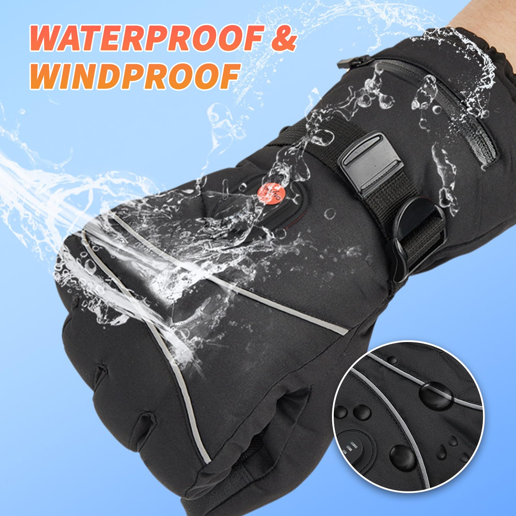 LOYATIAI heated gloves windproof and waterproof with adjustable buckle for snug fit.