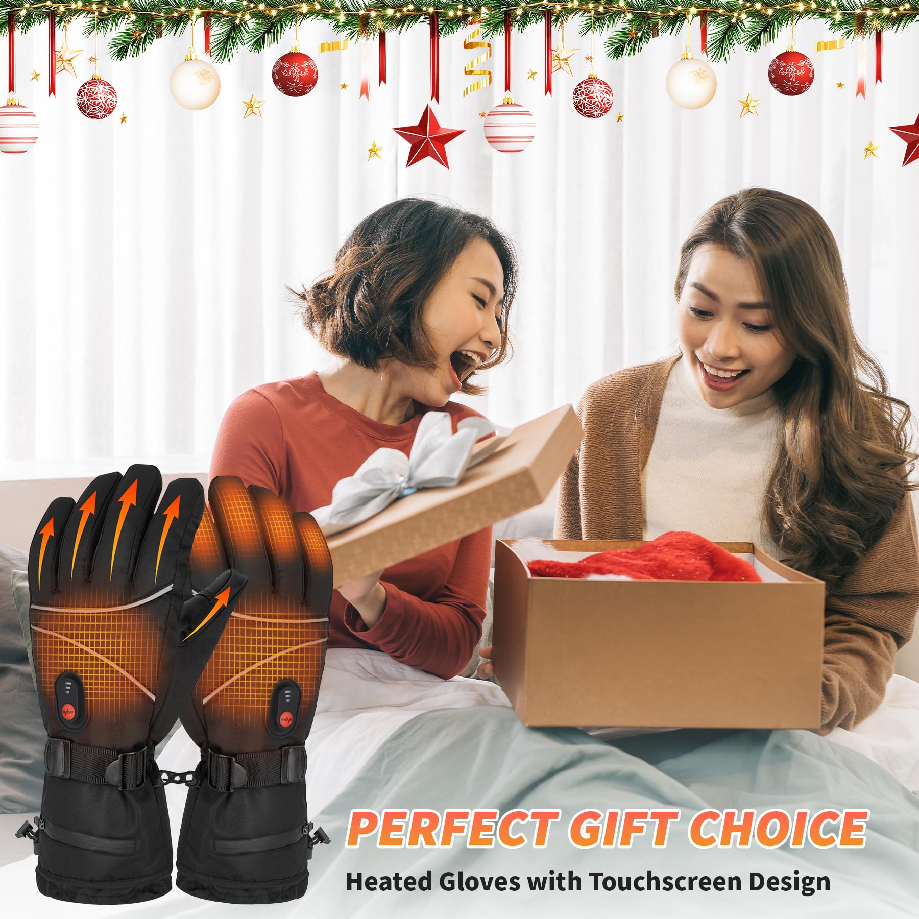 LOYATIAI heated gloves in a winter sports scene, ideal for riding and skiing.