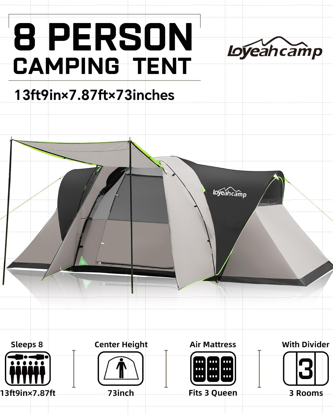 LOYEAHCAMP 8-person dome tent interior reveals spacious cabin for sleeping bags.
