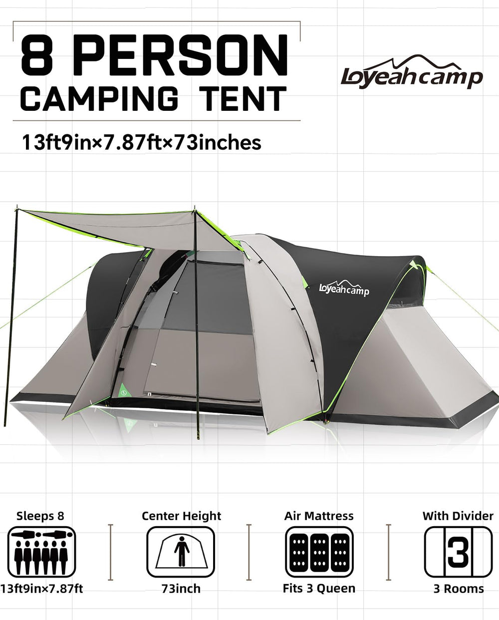 LOYEAHCAMP 8-person dome tent interior reveals spacious cabin for sleeping bags.