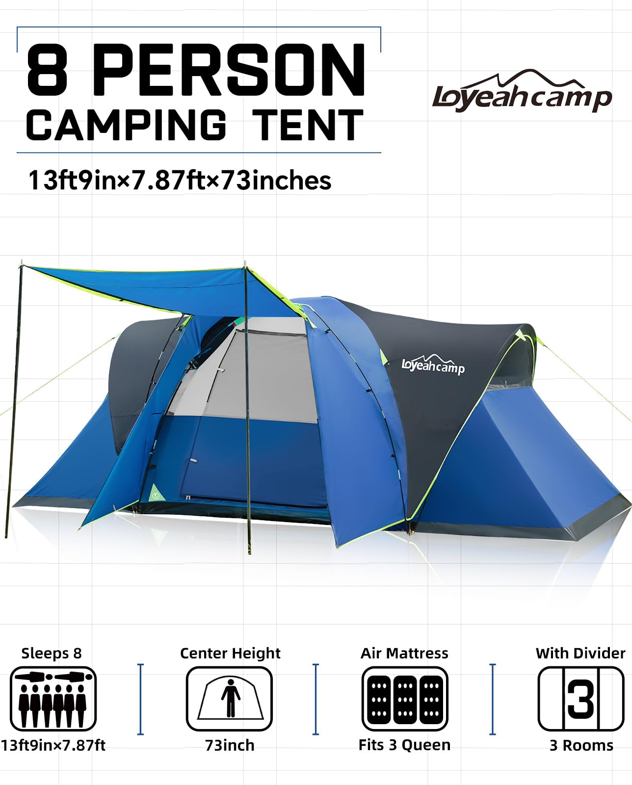 LOYEAHCAMP extended-dome tent showing three rooms for privacy