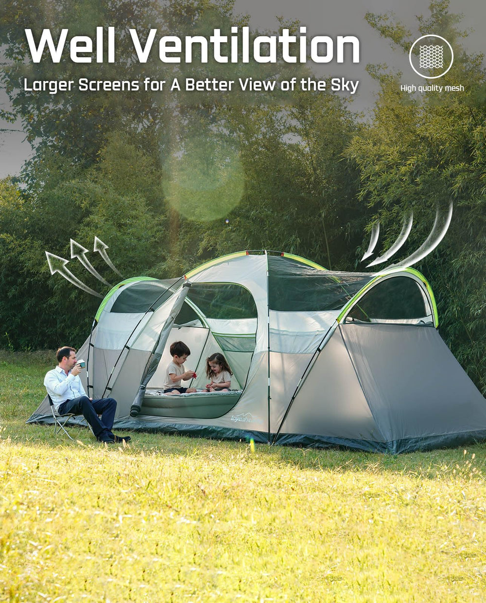 LOYEAHCAMP tent mesh ventilation on roof and doors for breathable airflow.