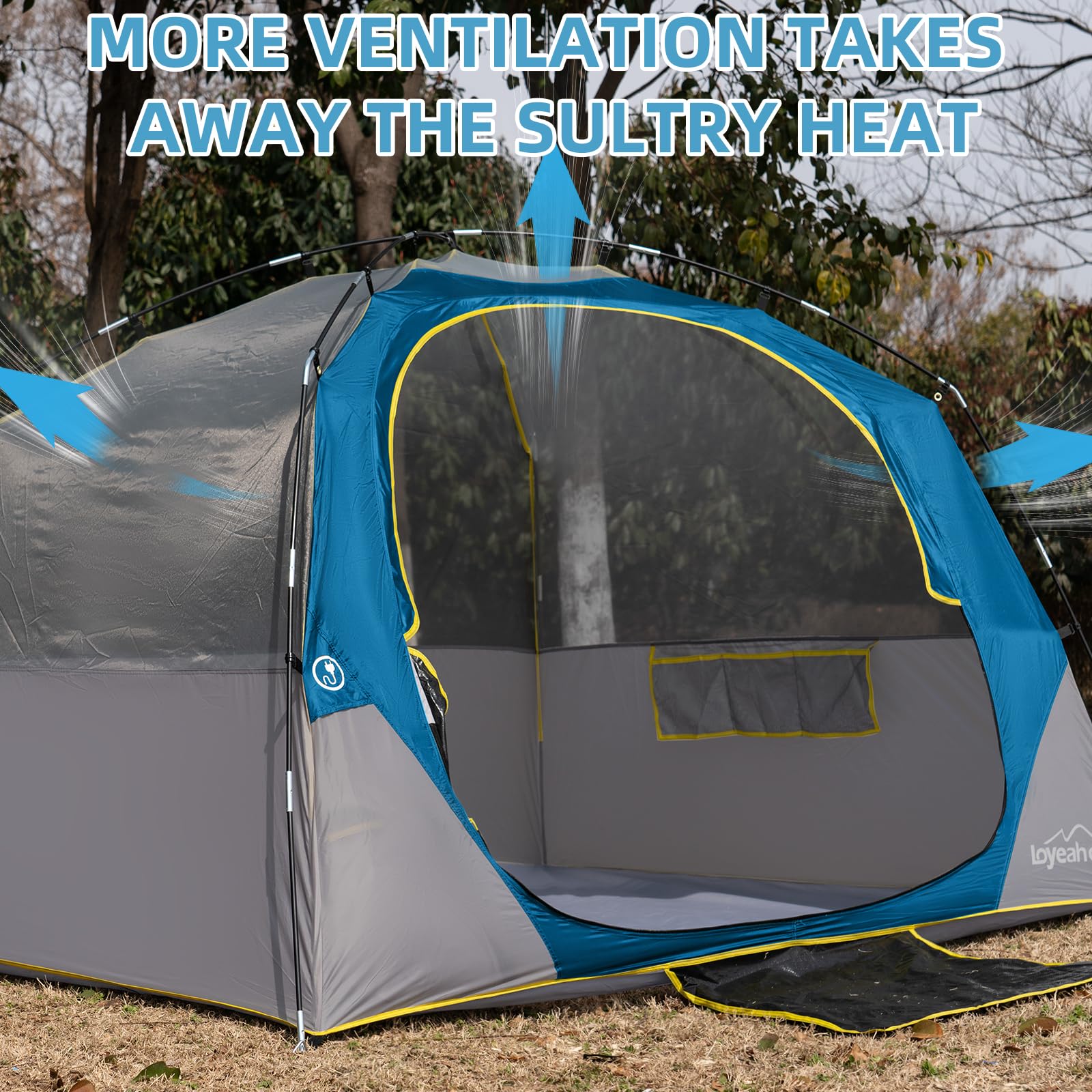 Loyeahcamp tent with rainfly and durable fiberglass poles for stability.