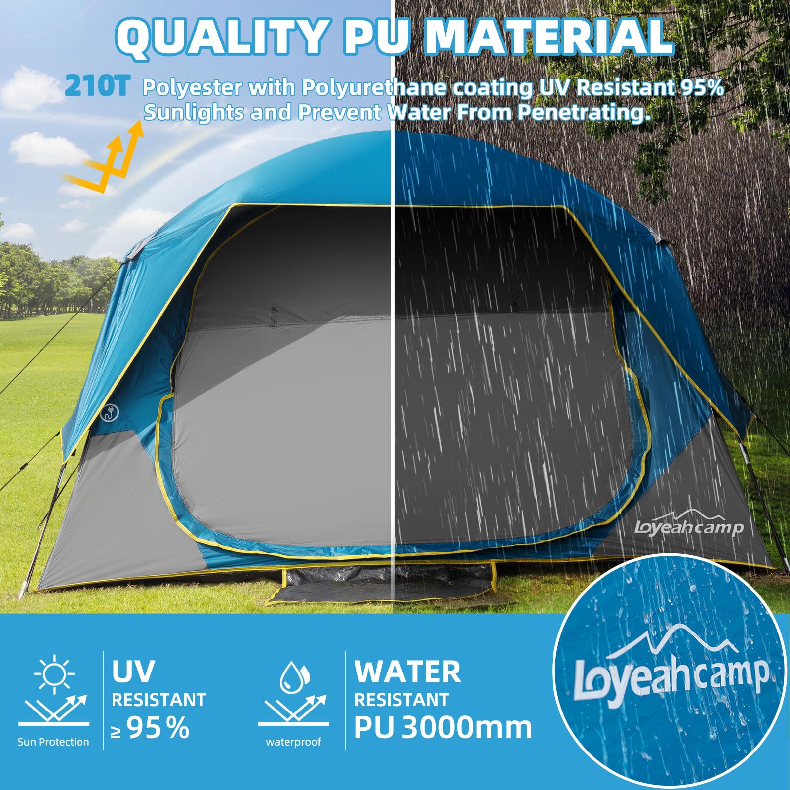 Loyeahcamp tent waterproof fabric keeps interior dry during light rain.