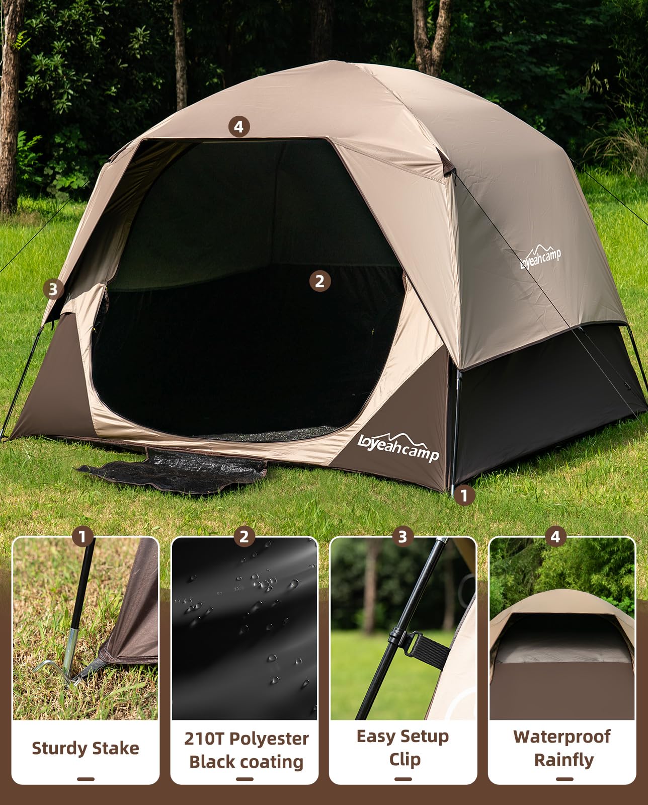 Loyeahcamp waterproof 3000mm fabric keeps interior dry.