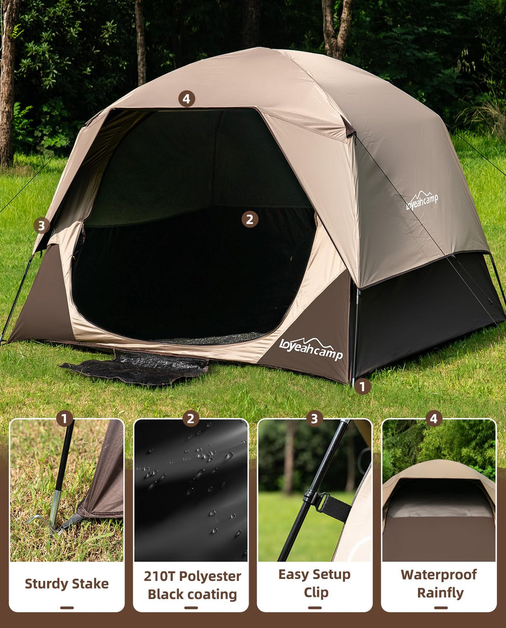 Loyeahcamp waterproof 3000mm fabric keeps interior dry.