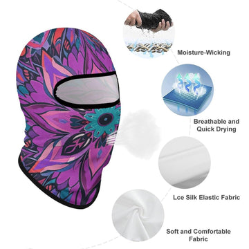 LPSADGF Mandala neck gaiter worn as balaclava for full face protection