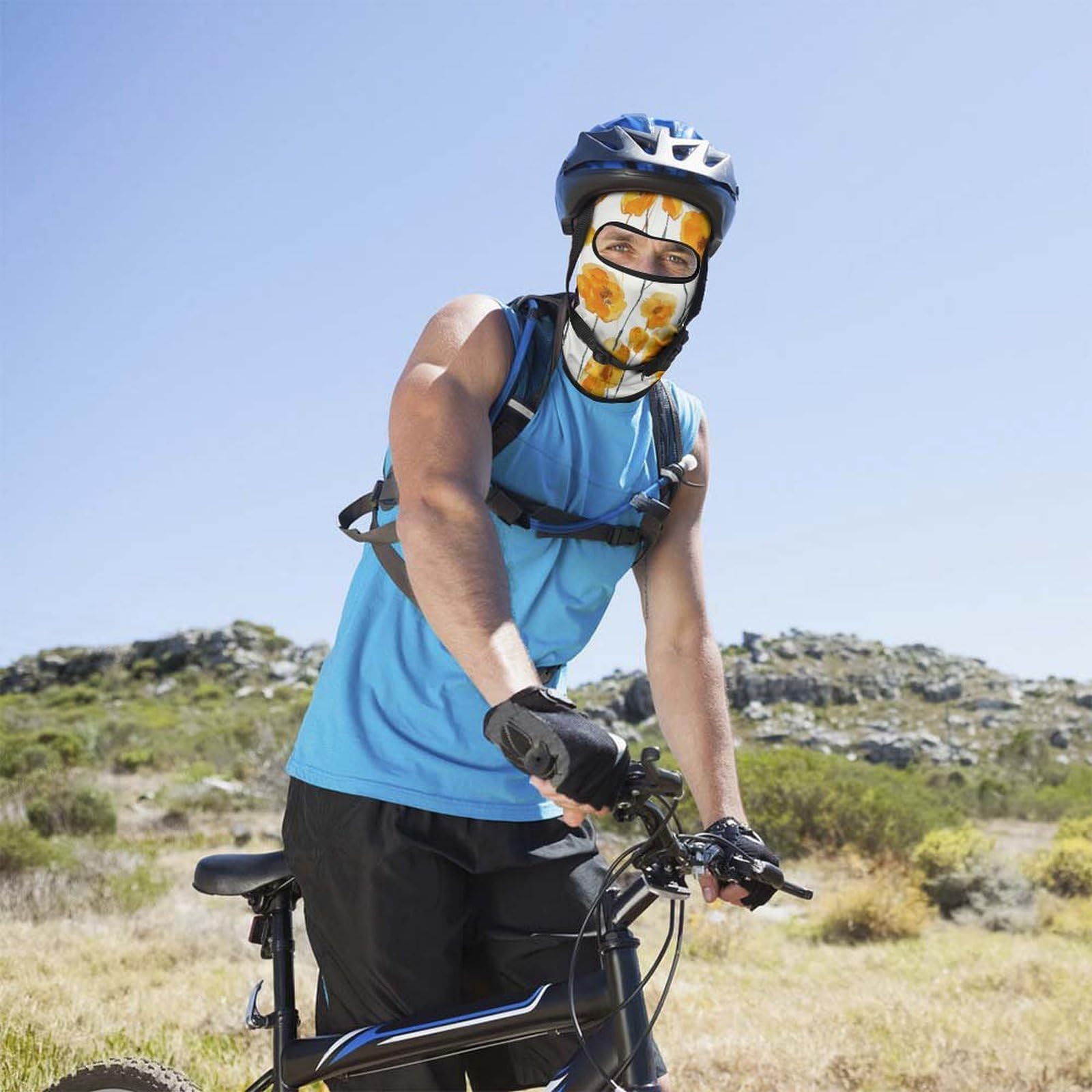 LPSADGF yellow flower gaiter used as a breathable face mask during dusty rides.