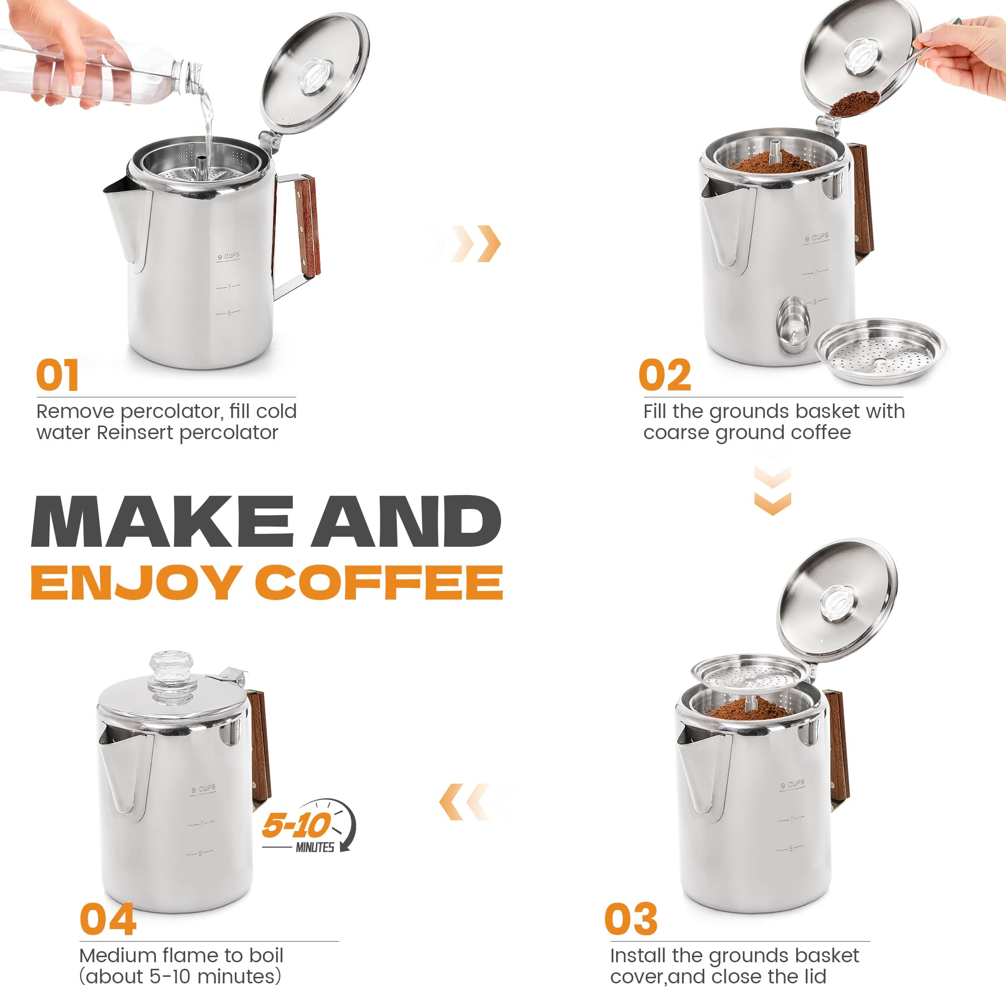 LRYYBTI percolator brews 5-9 cups for gatherings or dinners.