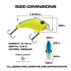 Luck E Strike Crappie Magic Crankbait 2inch detailed hooks highlight razor-sharp trebles for quick bites.