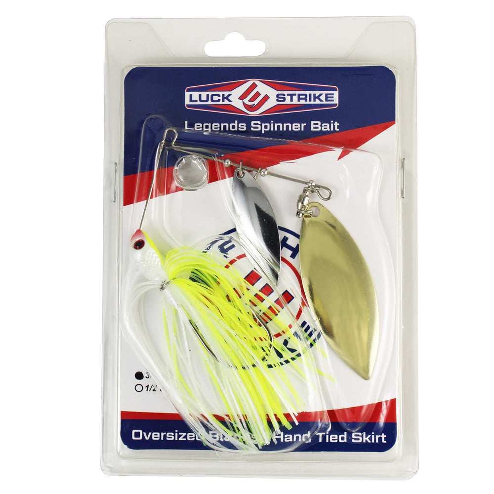 Luck-E-Strike spinnerbait showcases flash and vibration for attracting bass in stained water.
