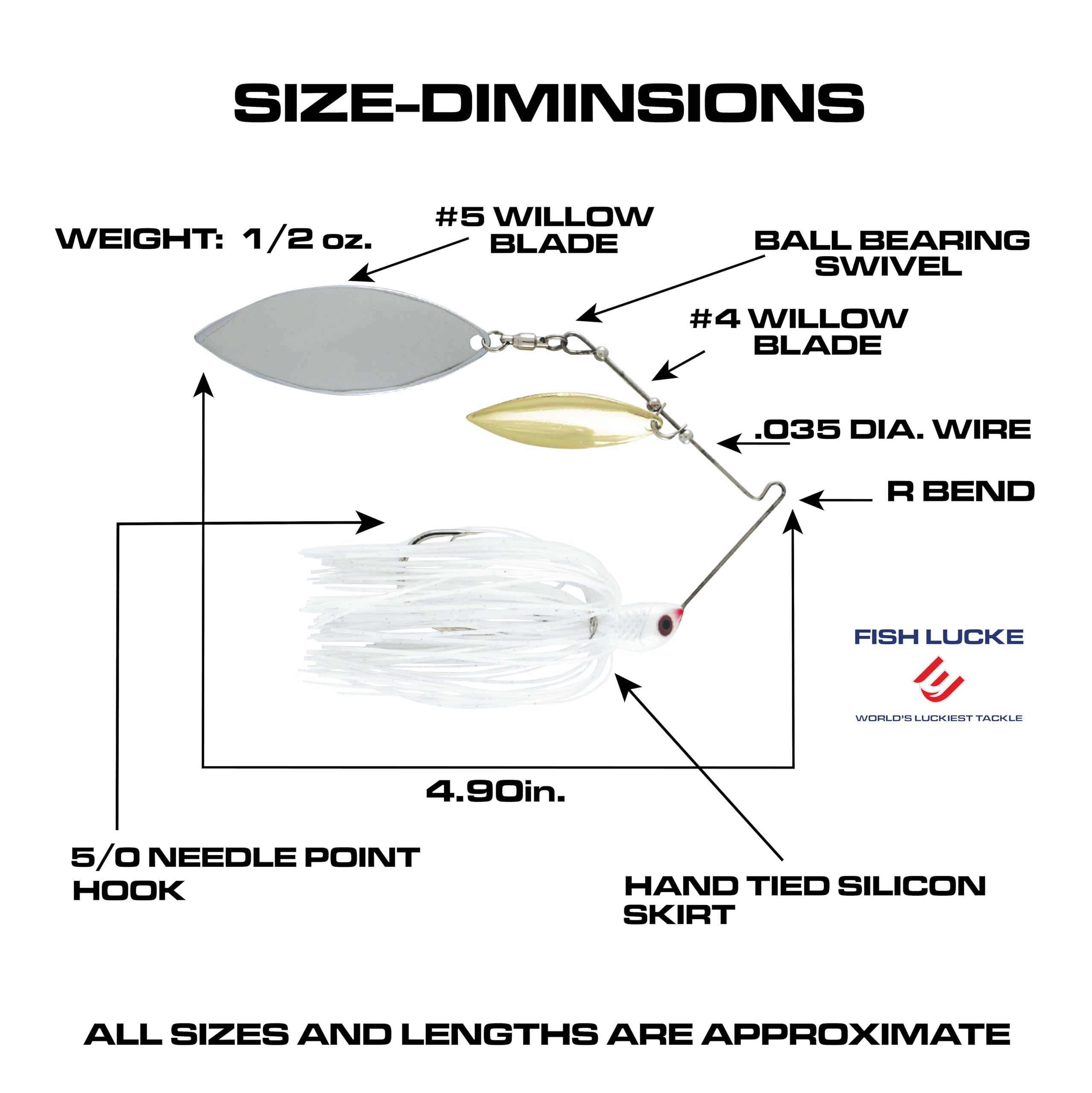 Luck-E-Strike Jimmy Houston Legends spinnerbait white with ball-bearing swivel for reliable blade rotation.