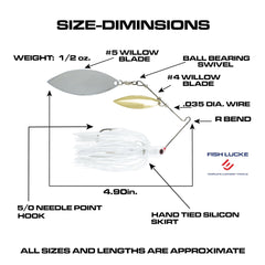 Luck-E-Strike Jimmy Houston Legends spinnerbait white with ball-bearing swivel for reliable blade rotation.