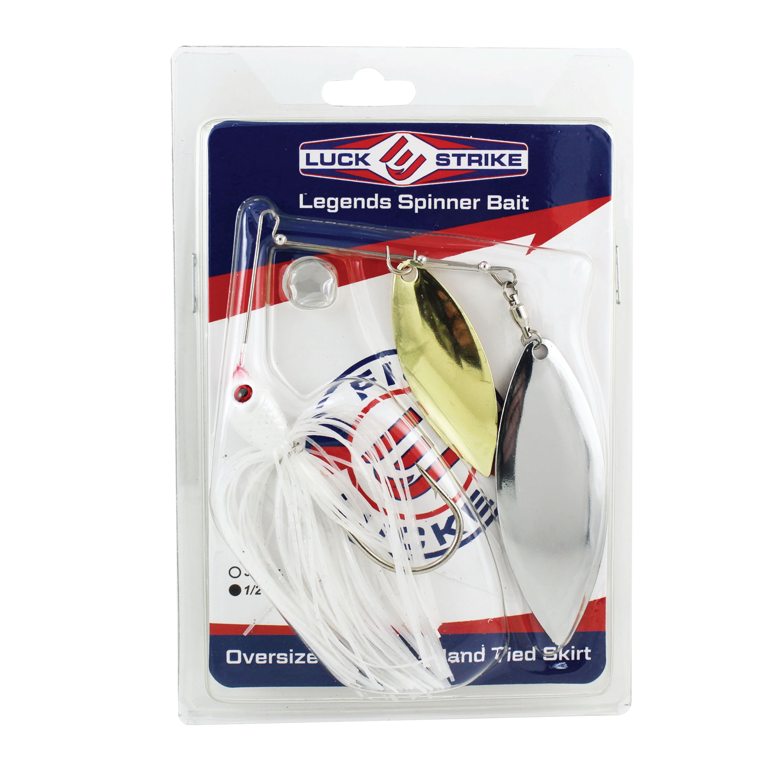 Luck-E-Strike spinnerbait white belly-weighted head ensures steady tracking on retrieves.