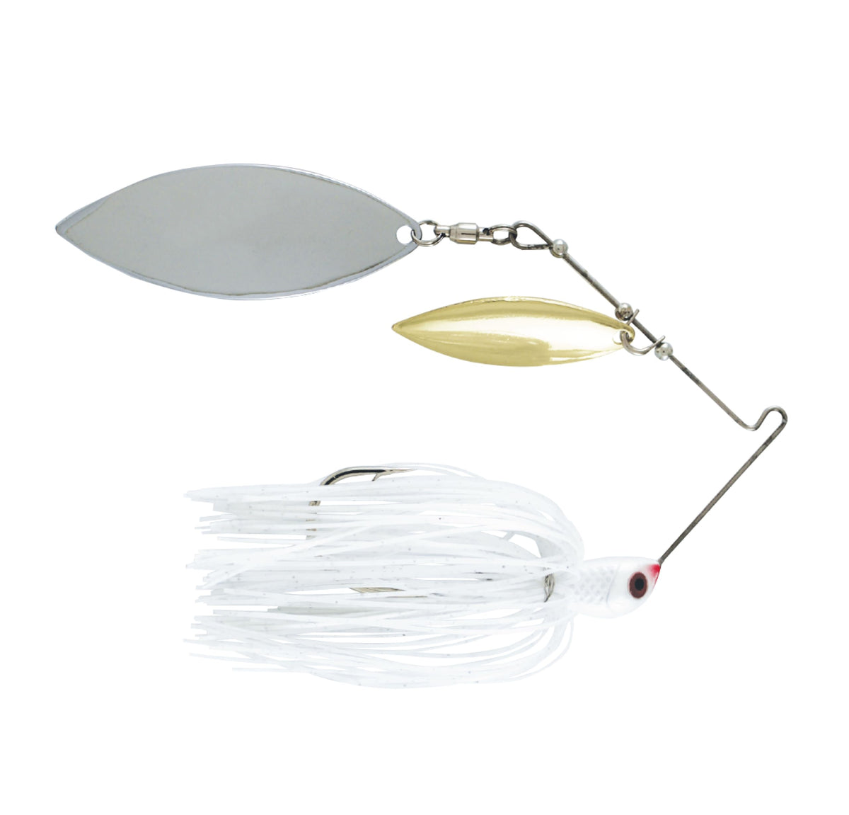 Luck-E-Strike Jimmy Houston Legends spinnerbait in white with oversized willow blades for flash.