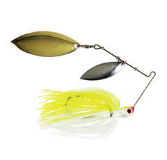 Luck-E-Strike Jimmy Houston spinnerbait with willow blades for bright chartreuse-white visibility in cover.