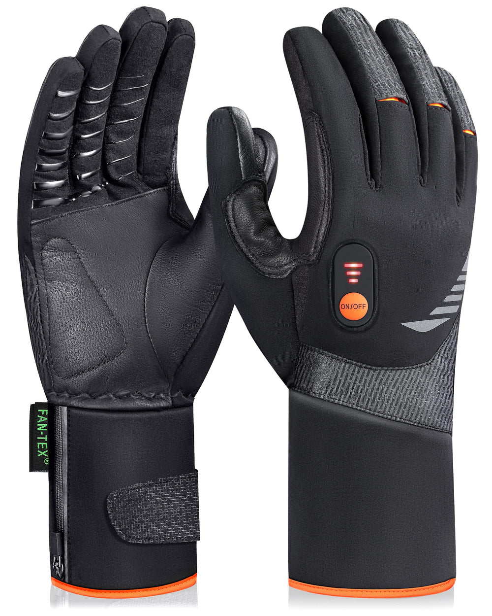 Luckcolor heated gloves front view in black orange XX-Large showing overall warmth design