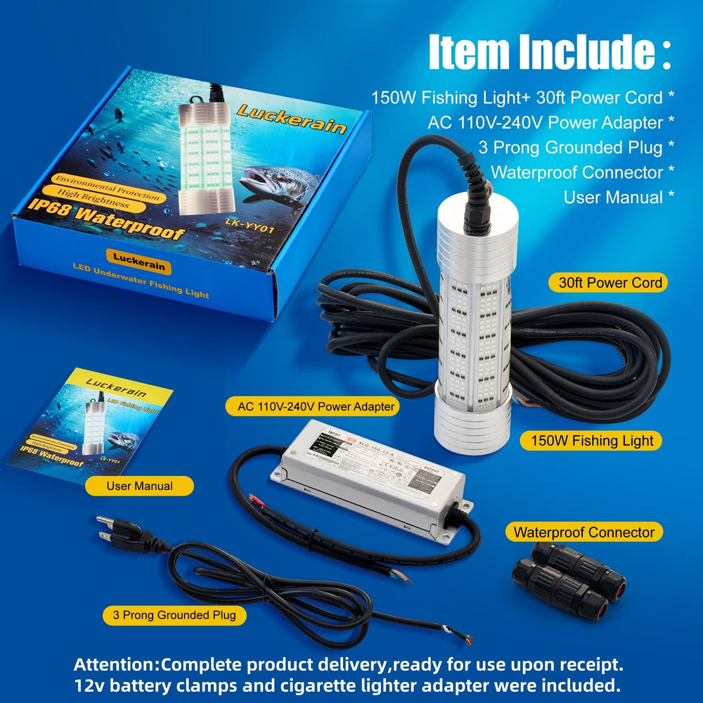 Luckerain 150W light delivers bright coverage across 25 meters for night fishing.