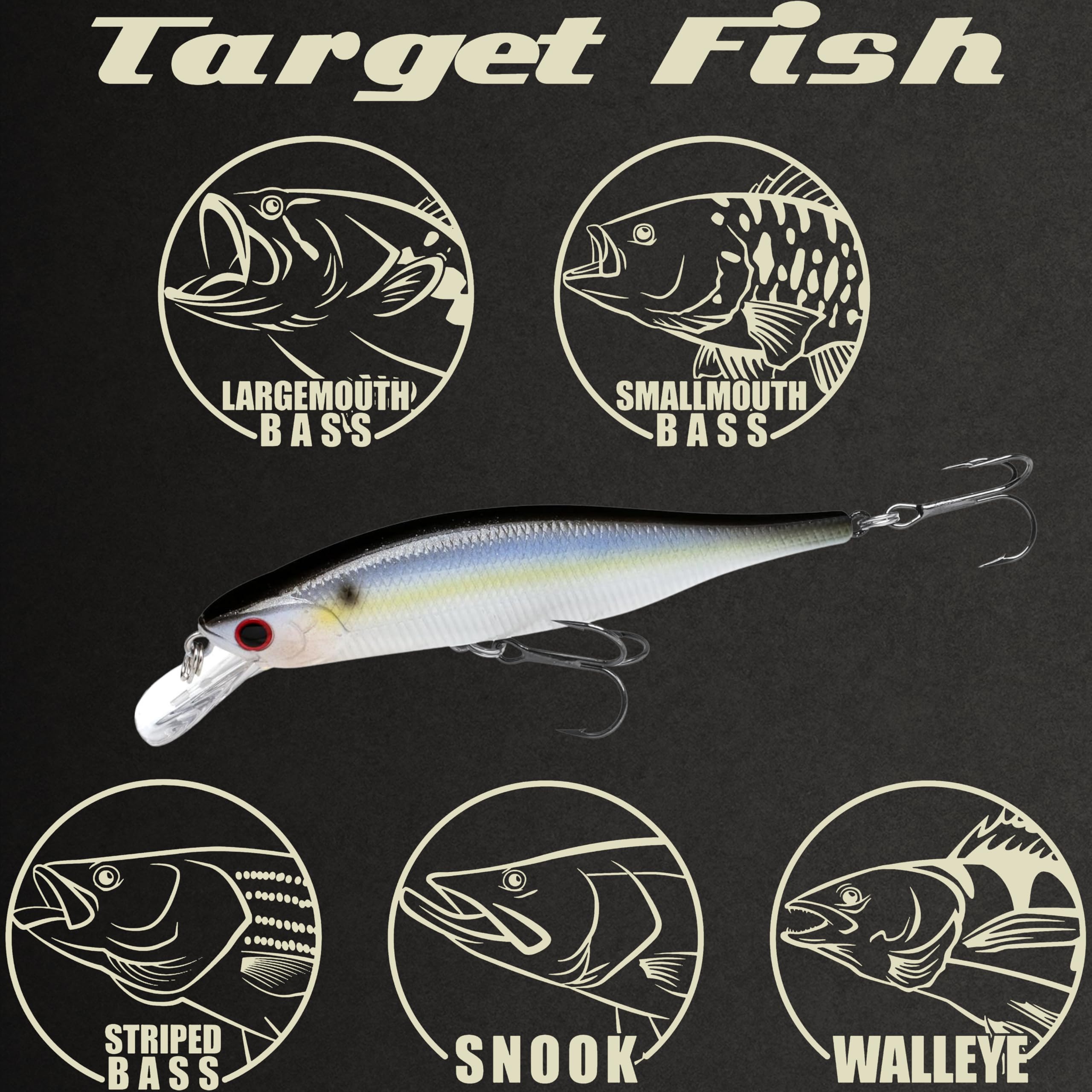 LUCKY CRAFT Lightning Pointer 98XR closeup, two #4 treble hooks for strong hookups.