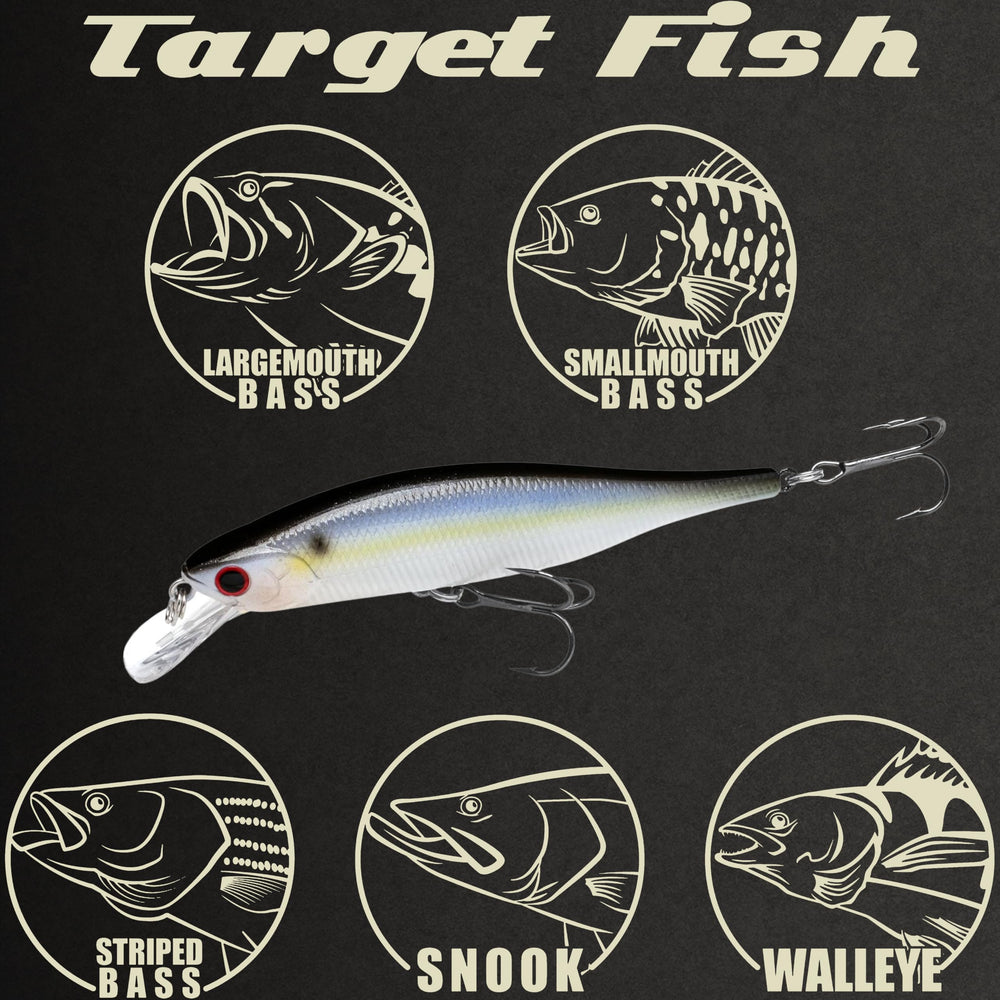 LUCKY CRAFT Lightning Pointer 98XR closeup, two #4 treble hooks for strong hookups.