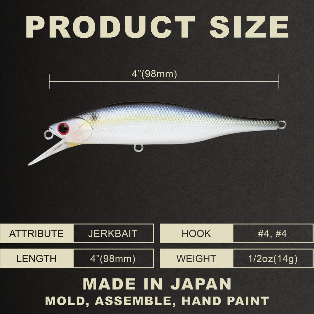 LUCKY CRAFT Lightning Pointer 98XR side view, shows two treble hooks for reliable hookups.