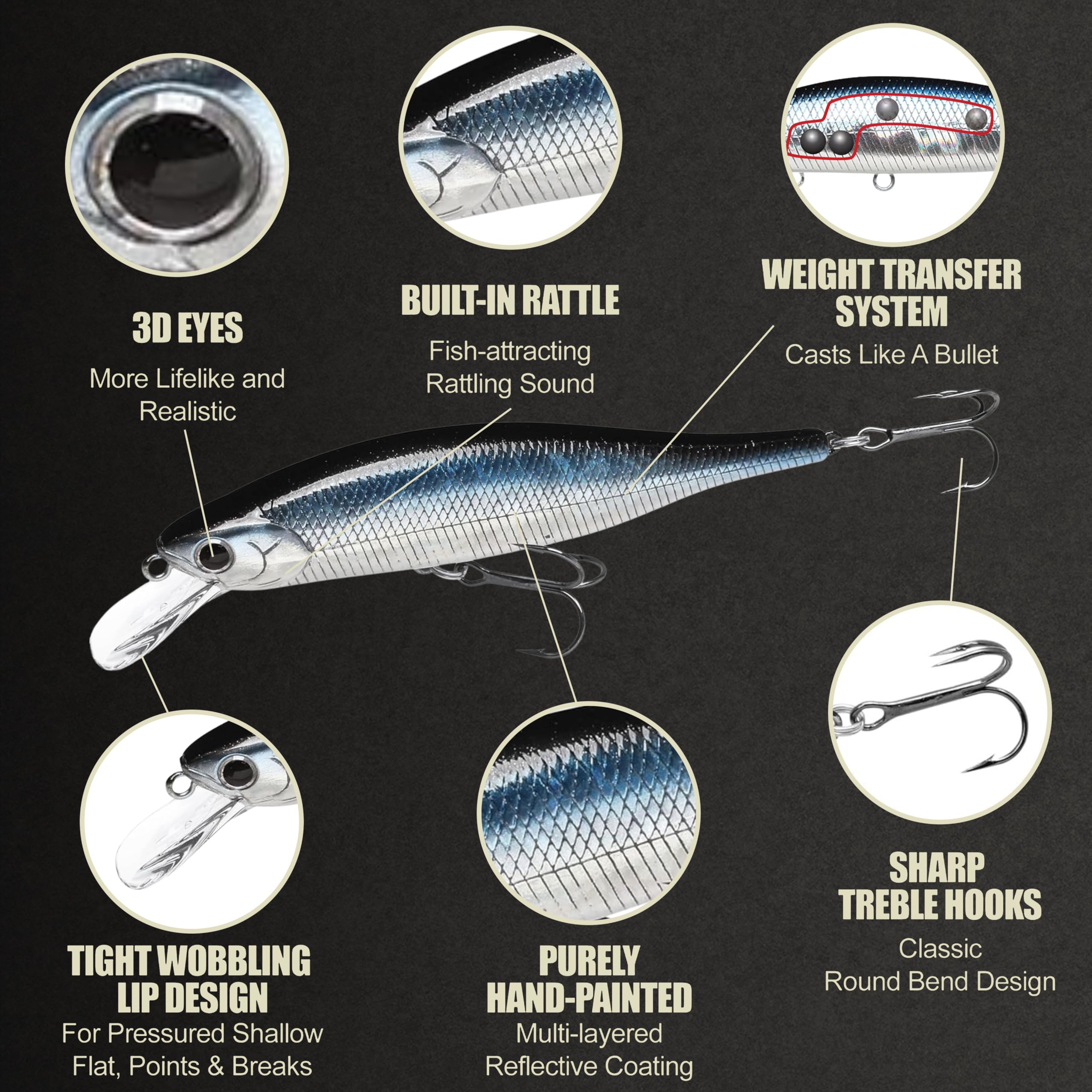 LUCKY CRAFT Lightning Pointer 98XR uses two treble hooks for reliable hooksets.