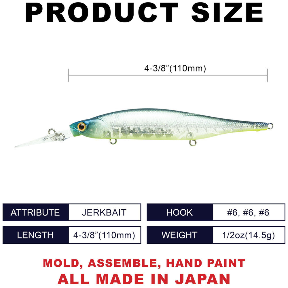 Lucky Craft Lightning Staysee 110SP Bone Pro-Blue dive-angle view highlights deep-water action.