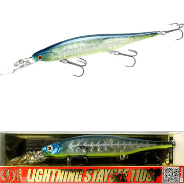 Lucky Craft Lightning Staysee 110SP Bone Pro-Blue side view, ideal for aggressive bass strikes.