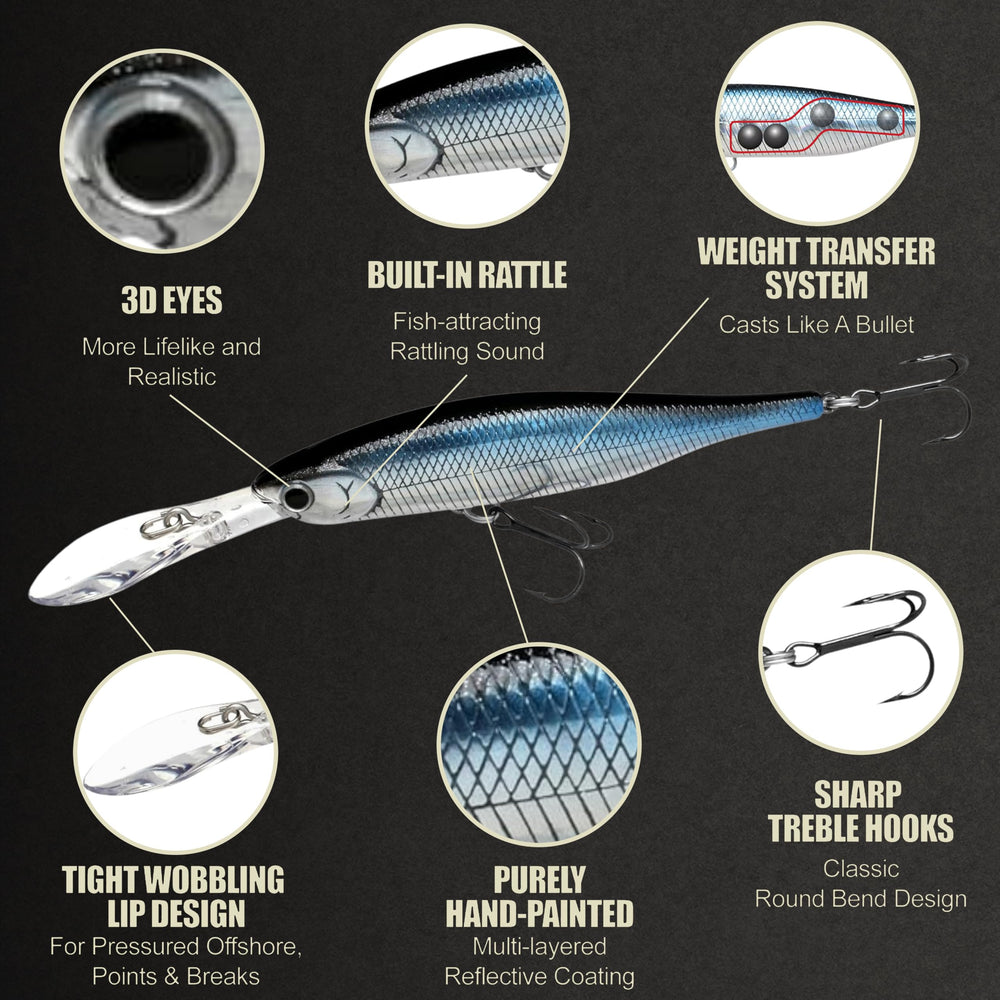 LUCKY CRAFT Staysee 90SP Aurora Black long casts extend reach to deep bass zones.