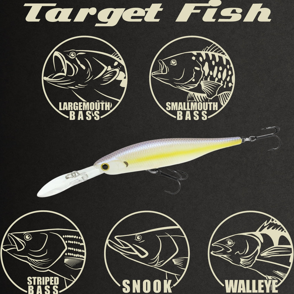 Lucky Craft Lightning Staysee 90SP chartreuse shad enables long casts and high visibility for bass fishing.