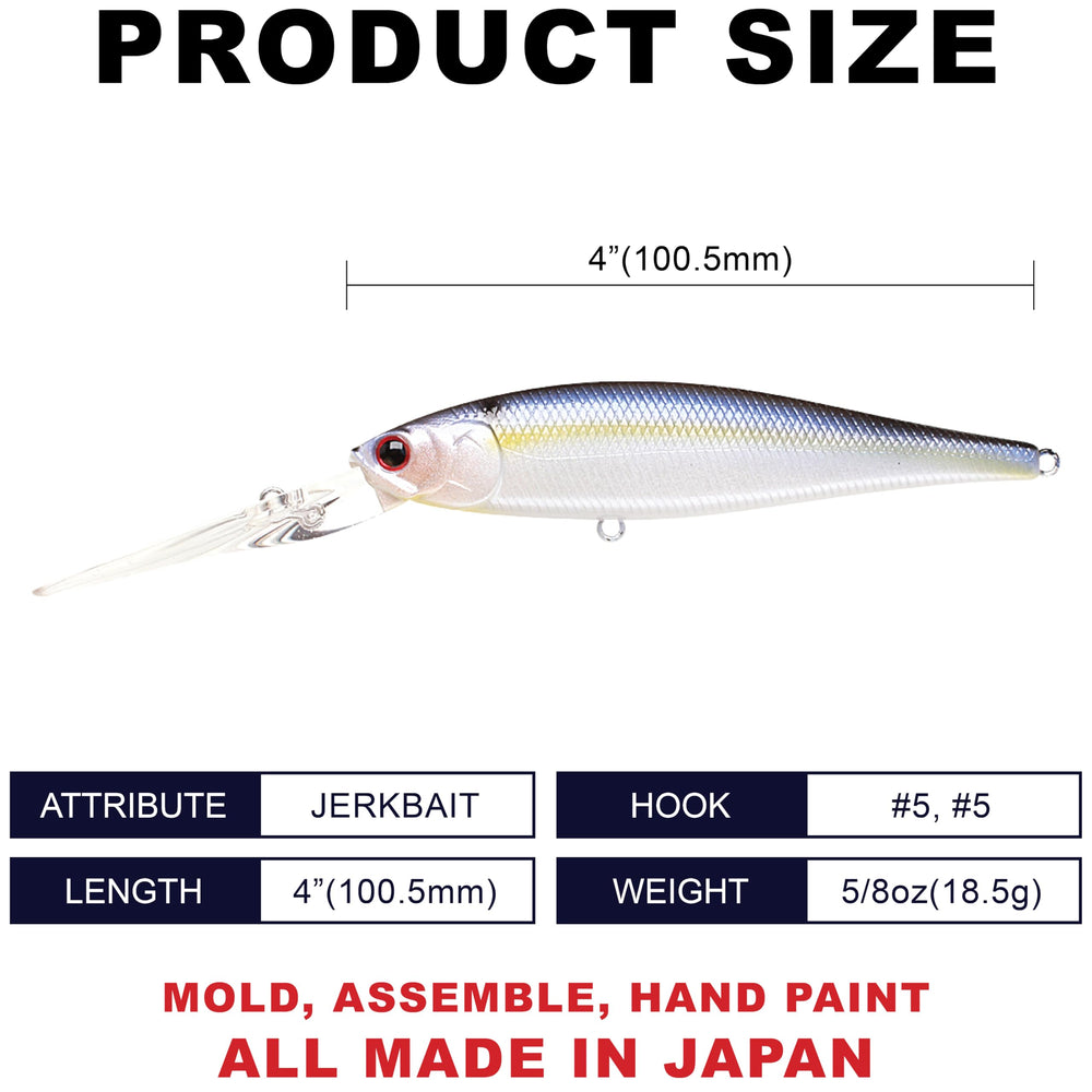 LUCKY CRAFT Pointer 100XD 183 Pearl Threadfin Shad suspends at depth for longer strikes