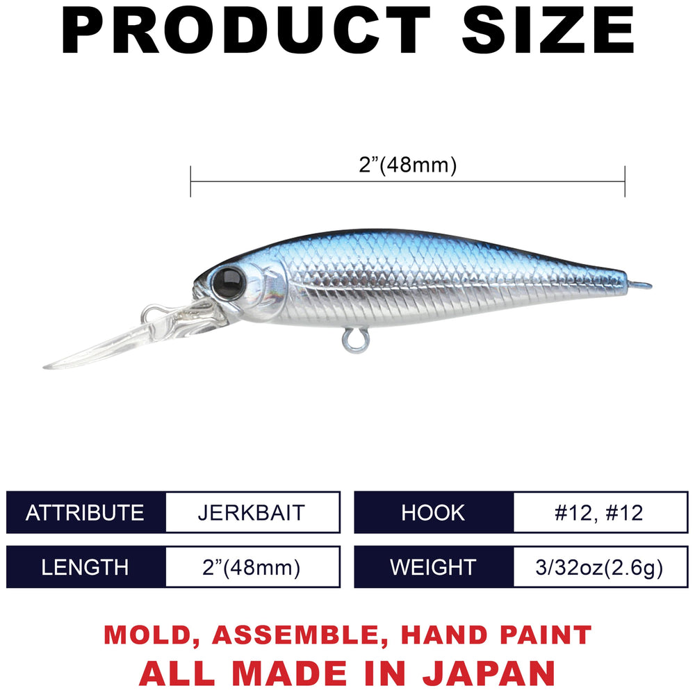 Pointer 48DD 2 inch deep-diving jerkbait displayed in water angle
