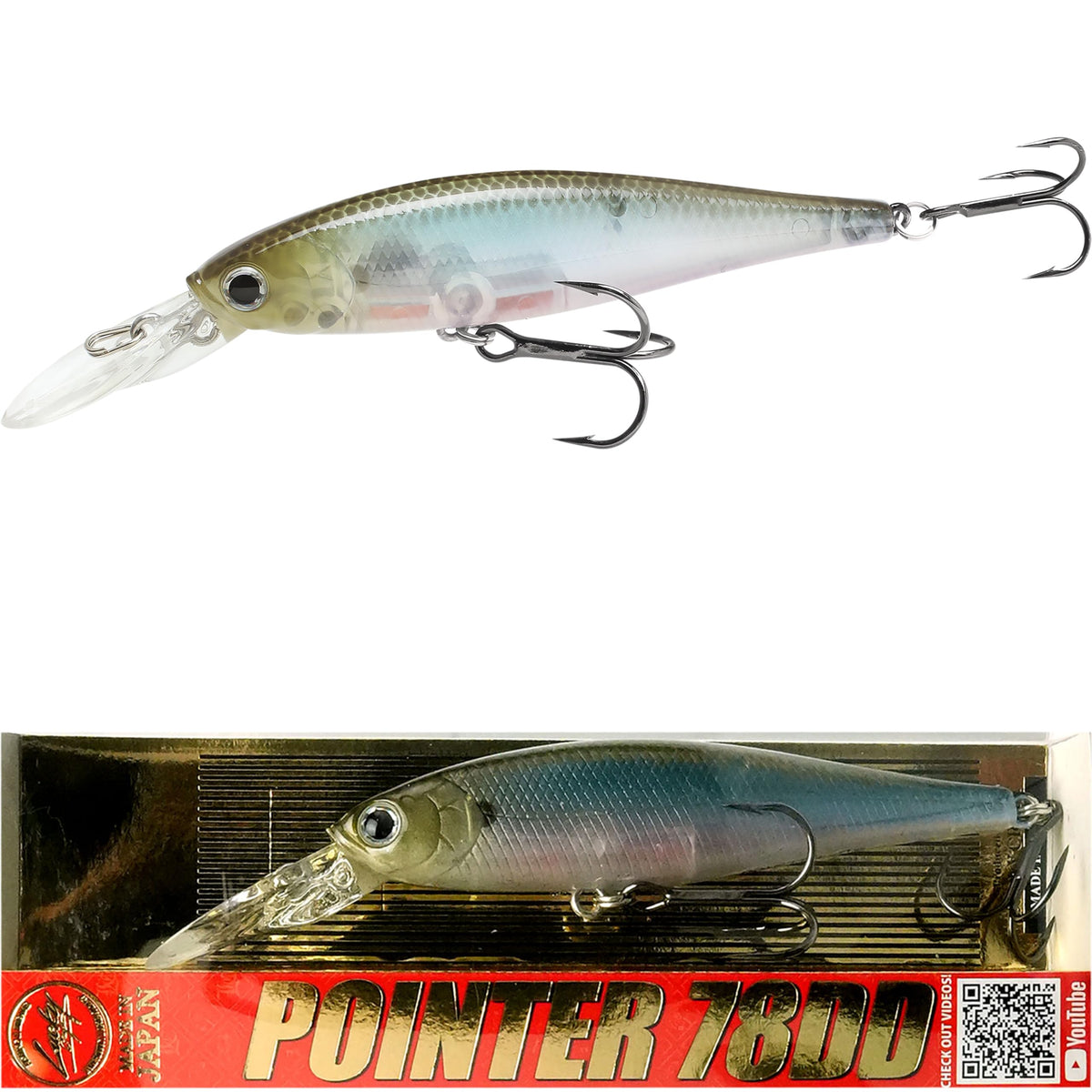 LUCKY CRAFT Pointer 78DD deep-diving jerbait highlights deep-water action for bass and trout.