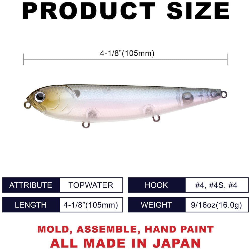 LUCKY CRAFT Sammy105 popping and spitting surface lure creates attention on calm water.