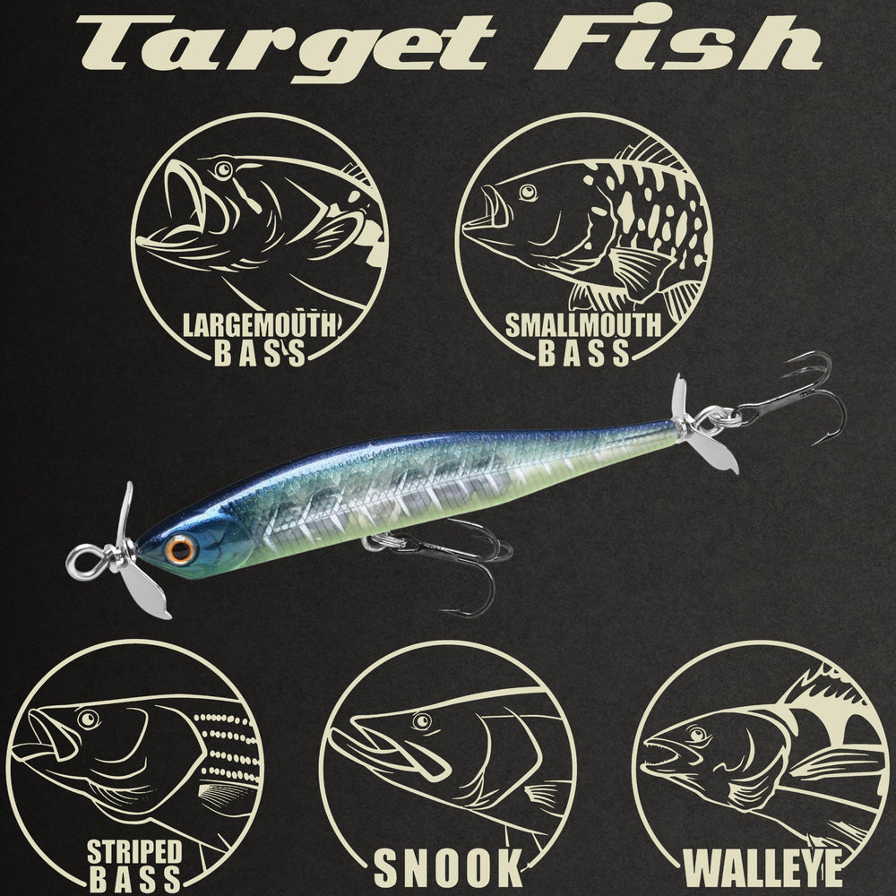 Slow-sinking action and shimmy of Screw Pointer 80 in water