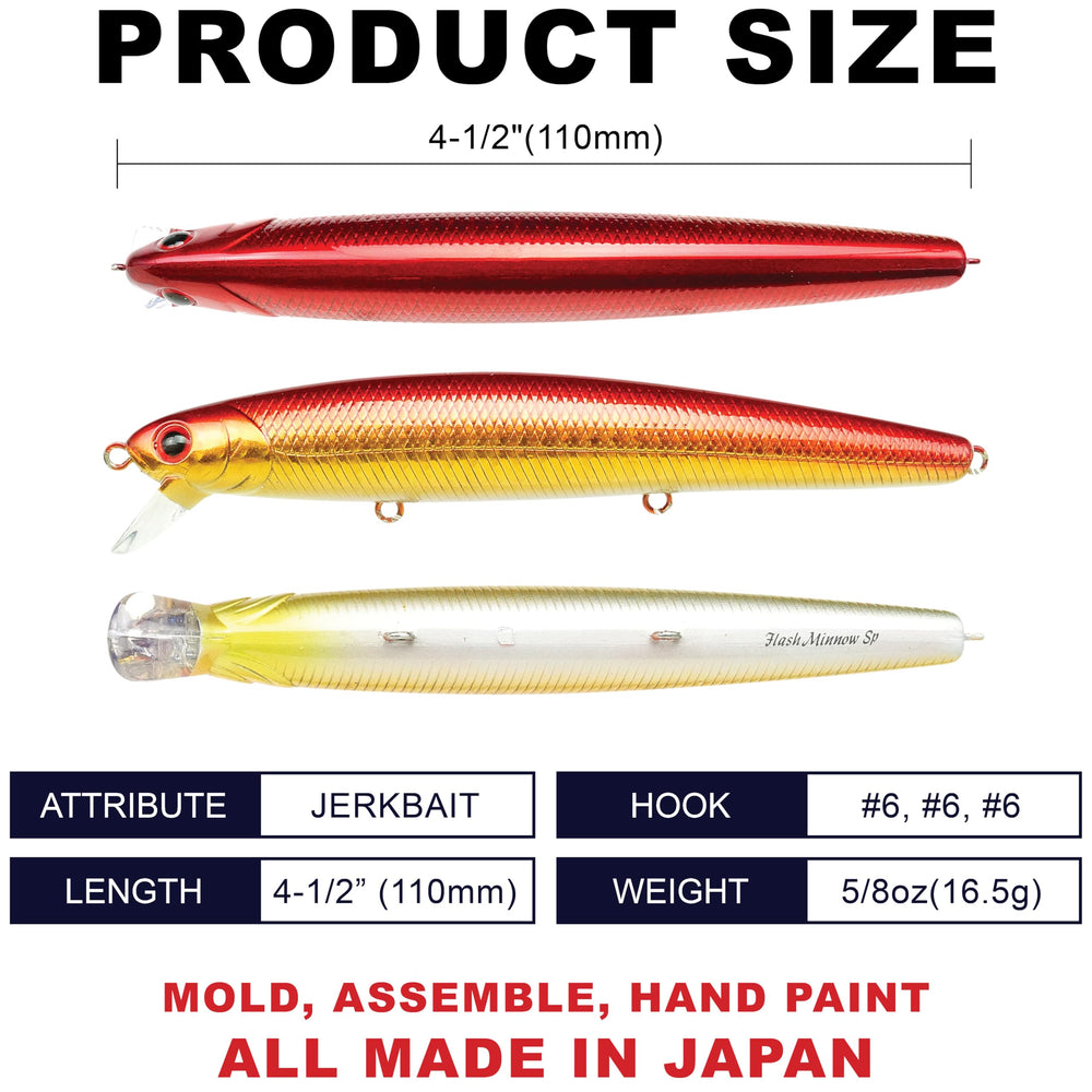 LUCKY CRAFT FlashMinnow 110 side profile highlighting three-hook construction.