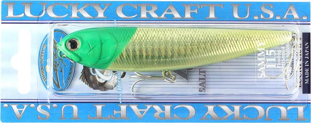 LUCKY CRAFT Sammy 115 topwater lure in action - 706 Laser Green Head Chart - angled front view