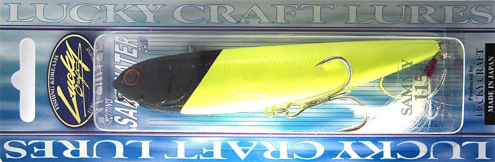 Close-up of Sammy 115 topwater lure showing walk-the-dog action and rattles