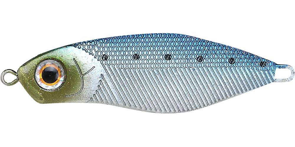 Side view of 30g sinking halibut jig with 3D eyes and stamped details