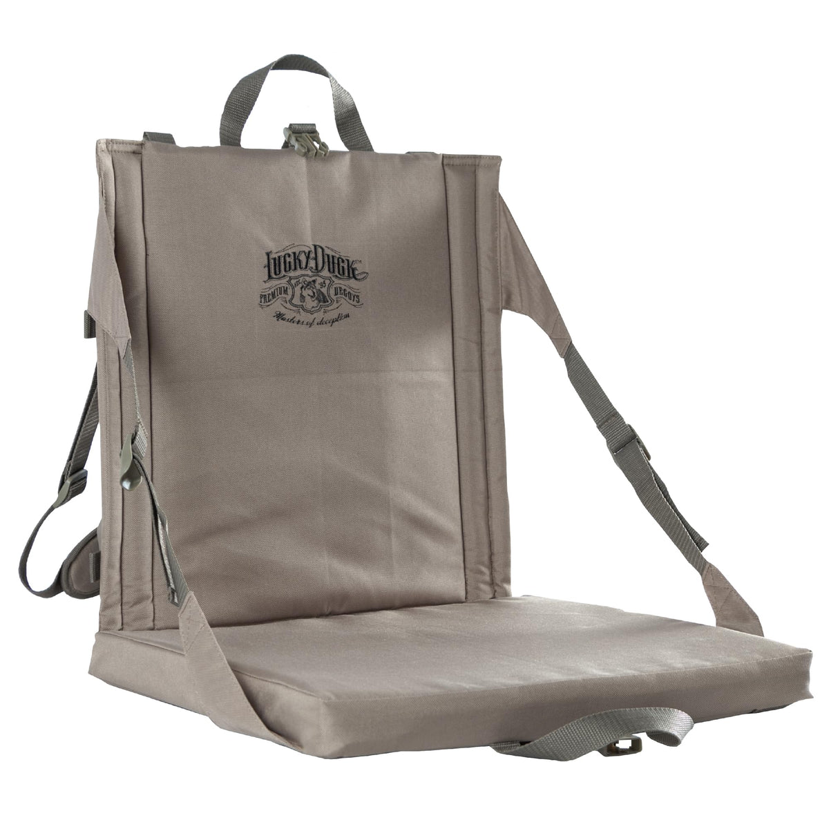 Lucky Duck Predator Seat folded-compact shows portable design for easy carry and quick setup
