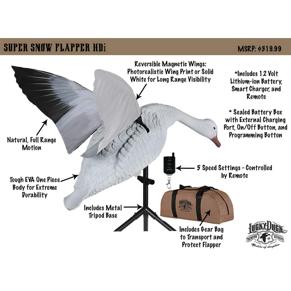 Lucky Duck tripod base keeps the decoy steady on uneven terrain