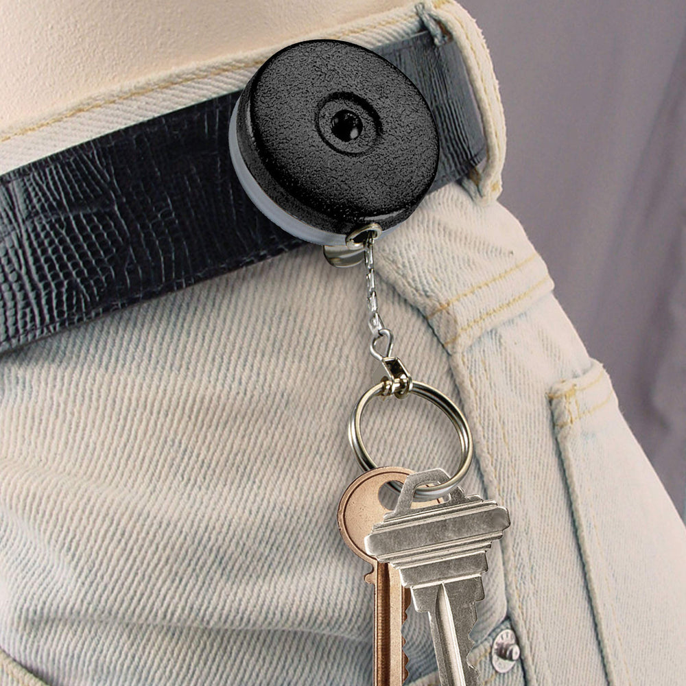 Lucky Line Key Bak front view shows belt clip and retractable pull.
