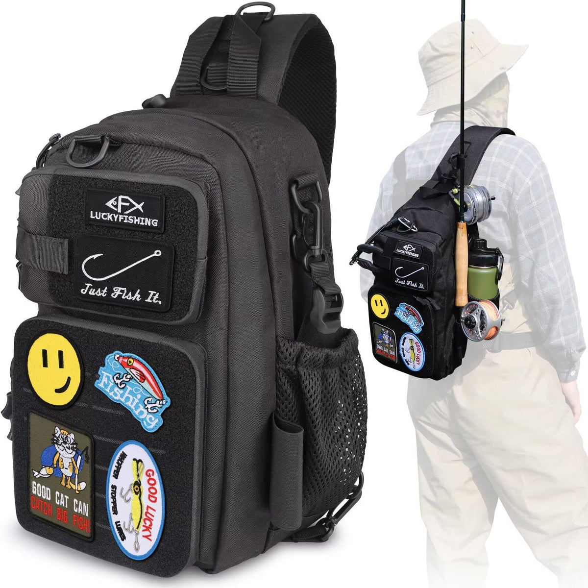 Front view of LUCKYFISHING fishing backpack