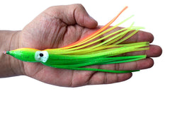 Luengo octopus skirt with lifelike eyes enhances bait realism for offshore trolling.
