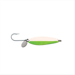 Luhr Jensen Coyote Spoon Everglow fluorescent green behind a dodger boosts visibility for salmon