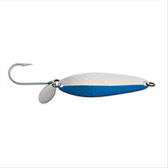 Luhr Jensen Coyote Spoon with nickel head and neon blue, improves visibility for salmon trolling.