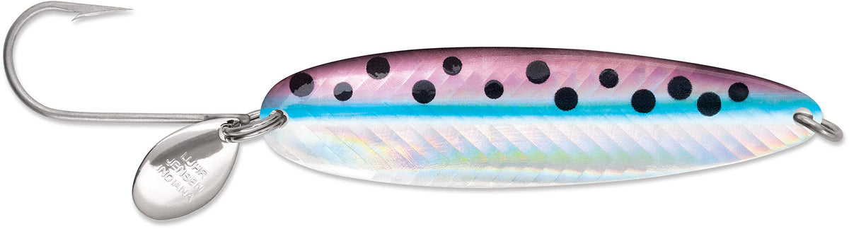 Luhr Jensen Coyote Spoon Rainbow Trout Glow Back lure gliding action attracts salmon in coastal waters