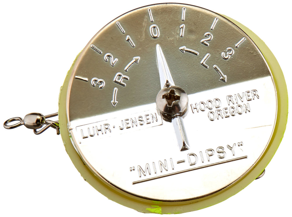 Luhr Jensen Dipsy Diver Flo front view in chartreuse/green UV chrome for high visibility
